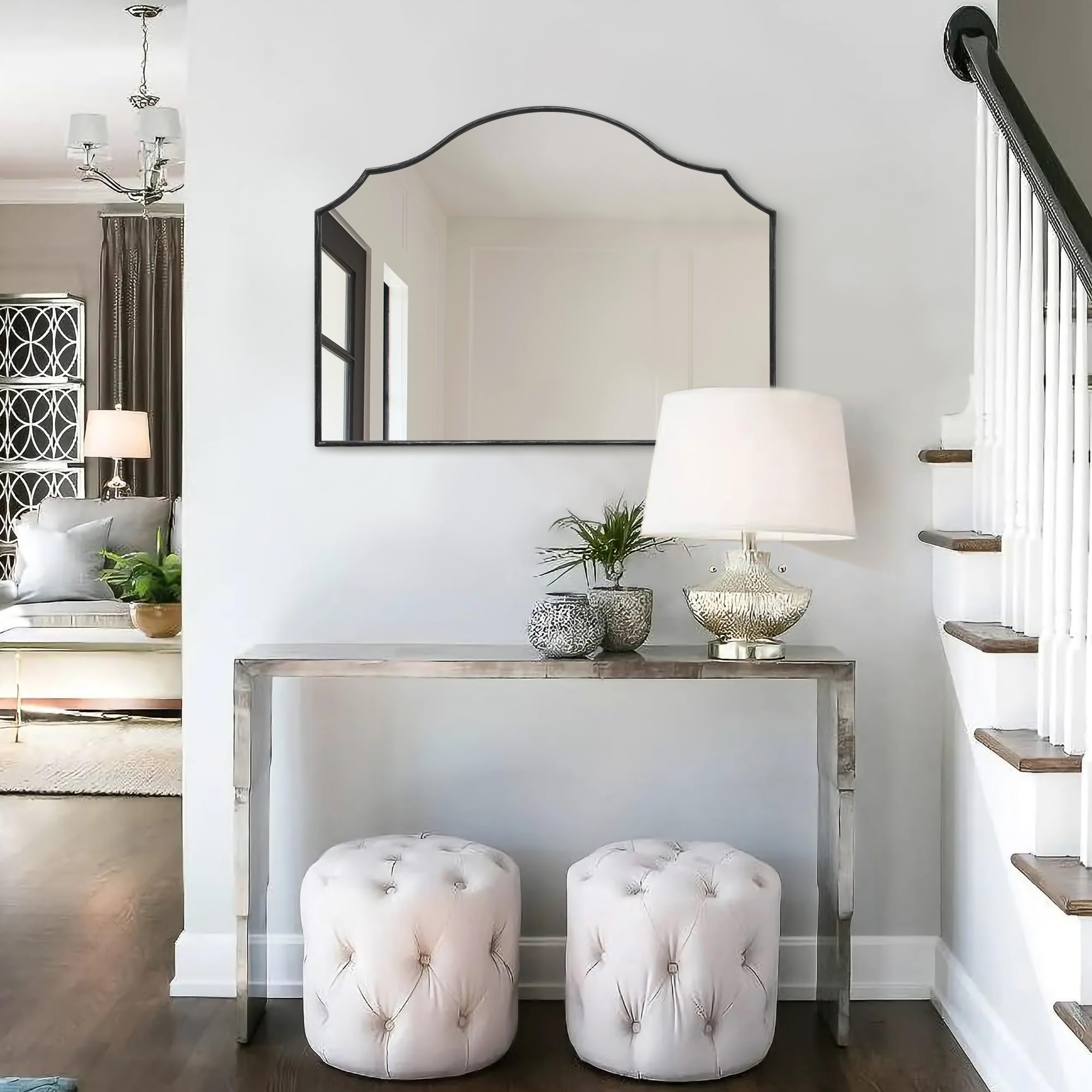 Besdomus Scalloped Arched Mirror for Vanity: 32"x24" Black Modern Wooden Wall Mirror - Minimalist Mantel Mirrors for Bedroom/Entryway/Bathroom/Hallway - Home Decor for Small Apartment