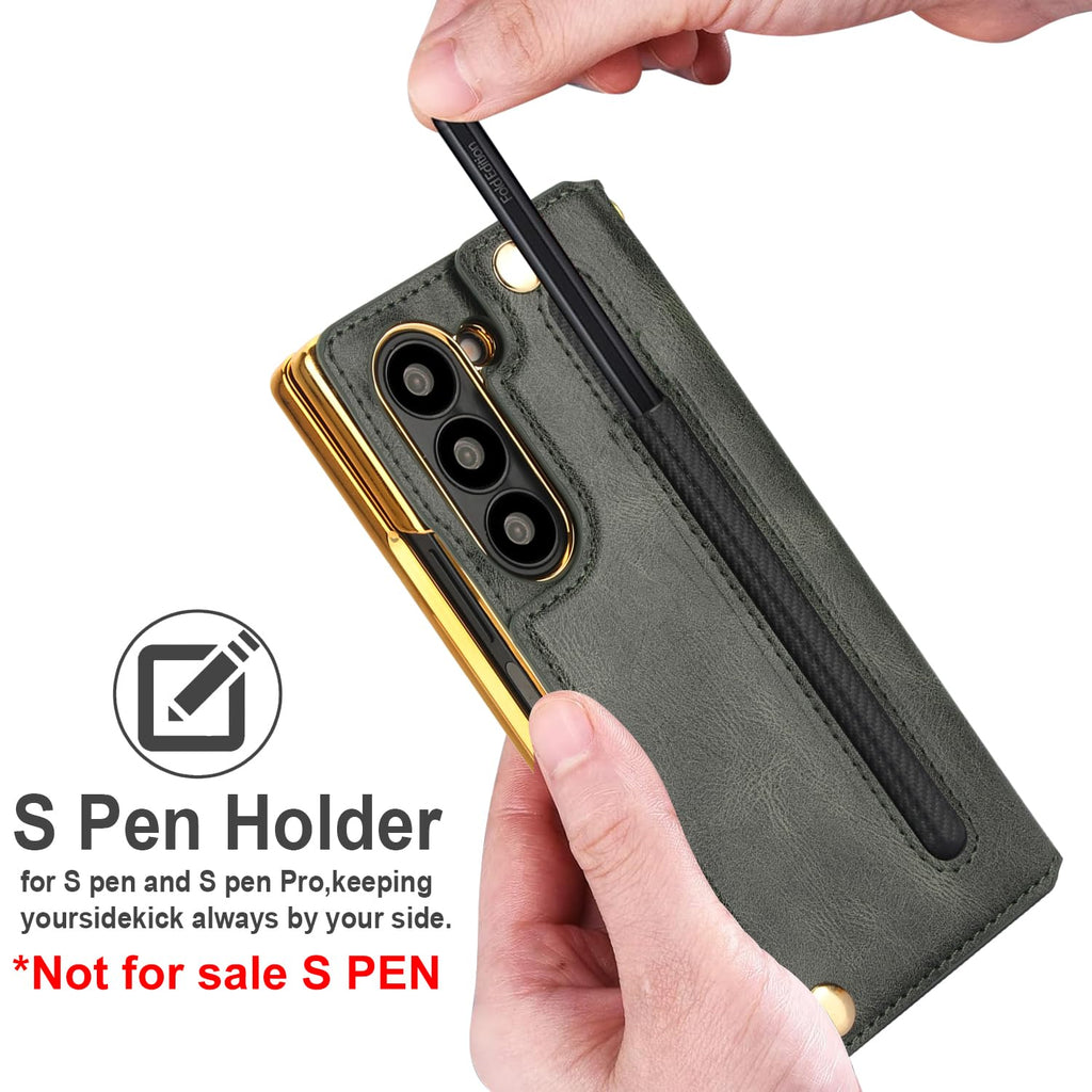 Green Samsung Galaxy Z Fold 6 Wallet Flip Case w S-Pen  Card Holder Screen Protector Kickstand