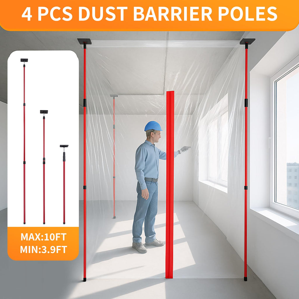 Dust Barrier Kit with Telescoping Poles 32.8x13.1FT Plastic Sheeting Zippers