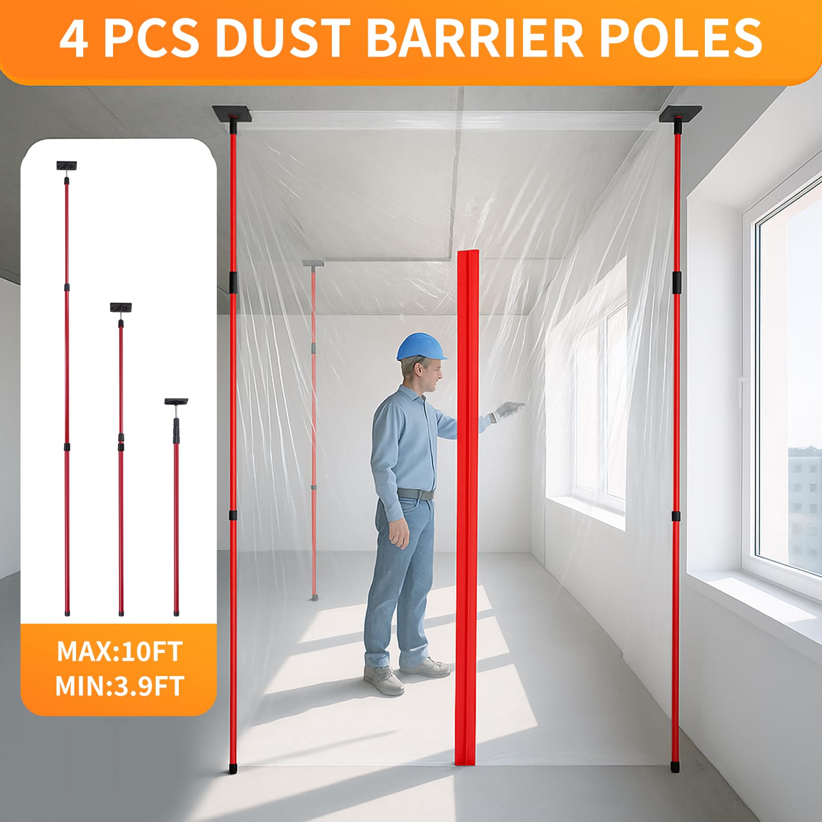 Dust Barrier Kit with Telescoping Poles 32.8x13.1FT Plastic Sheeting Zippers