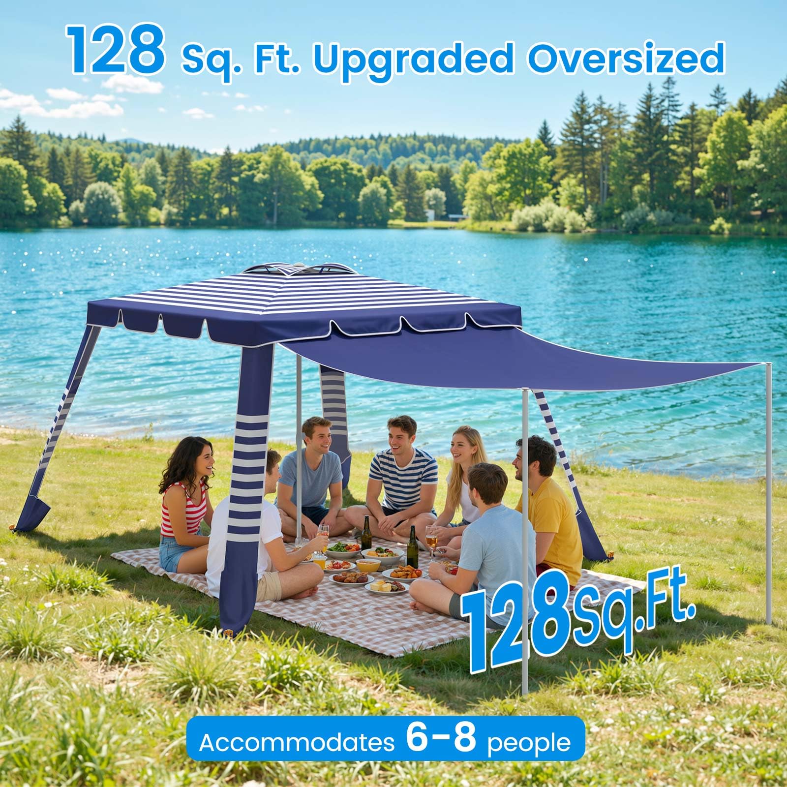 Sq. Ft. Beach Cabana Sun Shade Tent UPF 50 Protection Navy Stripes