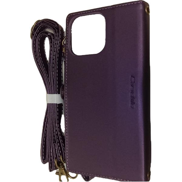 Purple Leather Wallet Case with Strap for iPhone 13 Pro Max