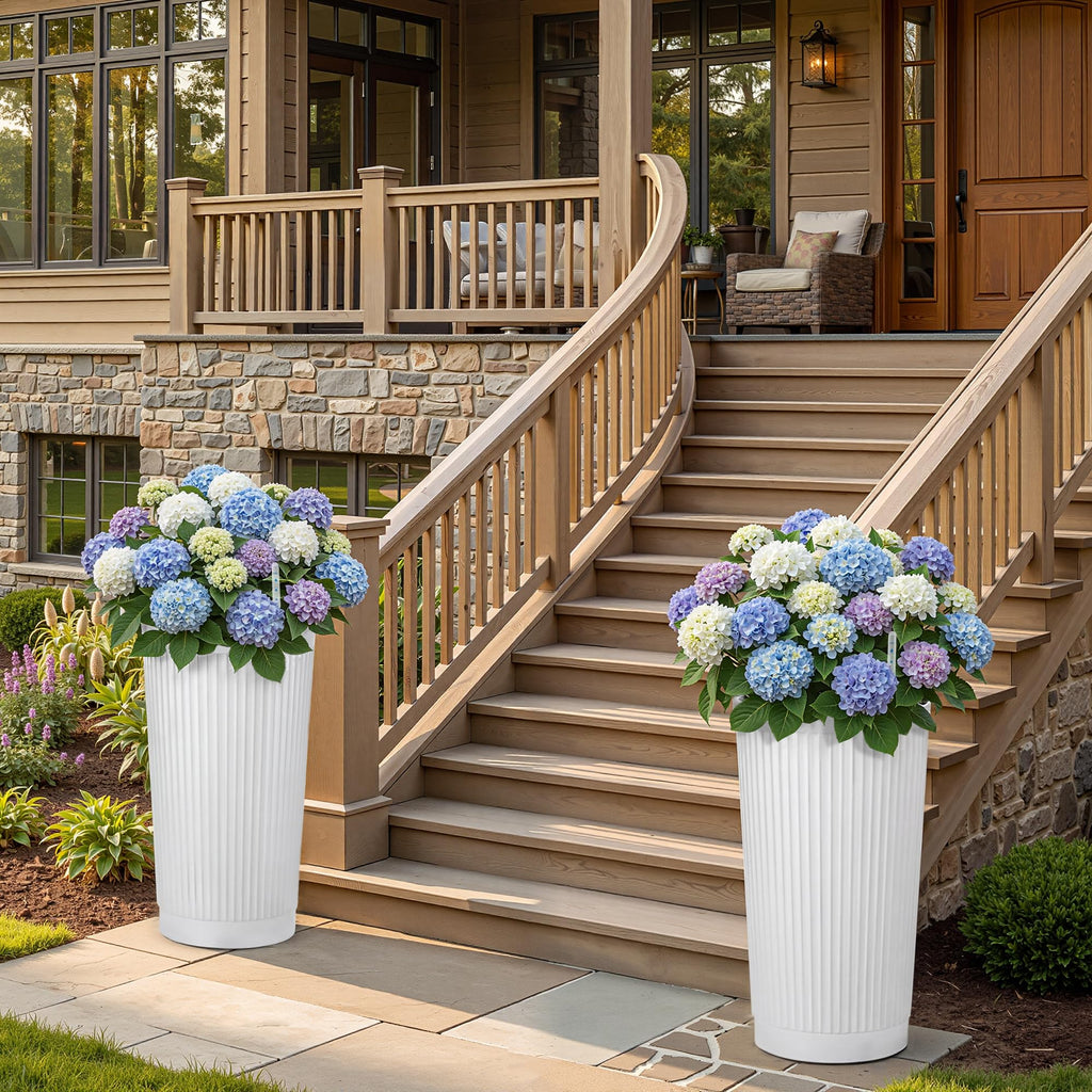 '-Pack 24in Round Plastic Self-Watering Planters with Vertical Ribbed Design White