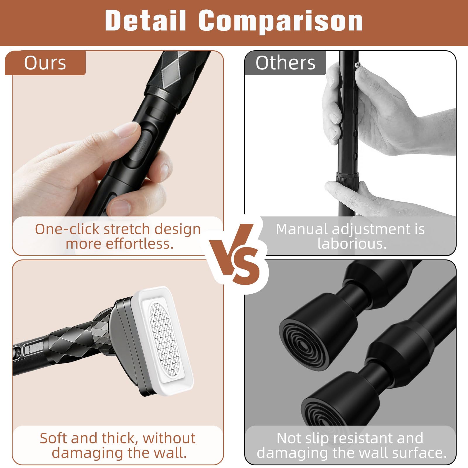 Black Adjustable Tension Shower Rod 40-87 inch Supports 30lbs