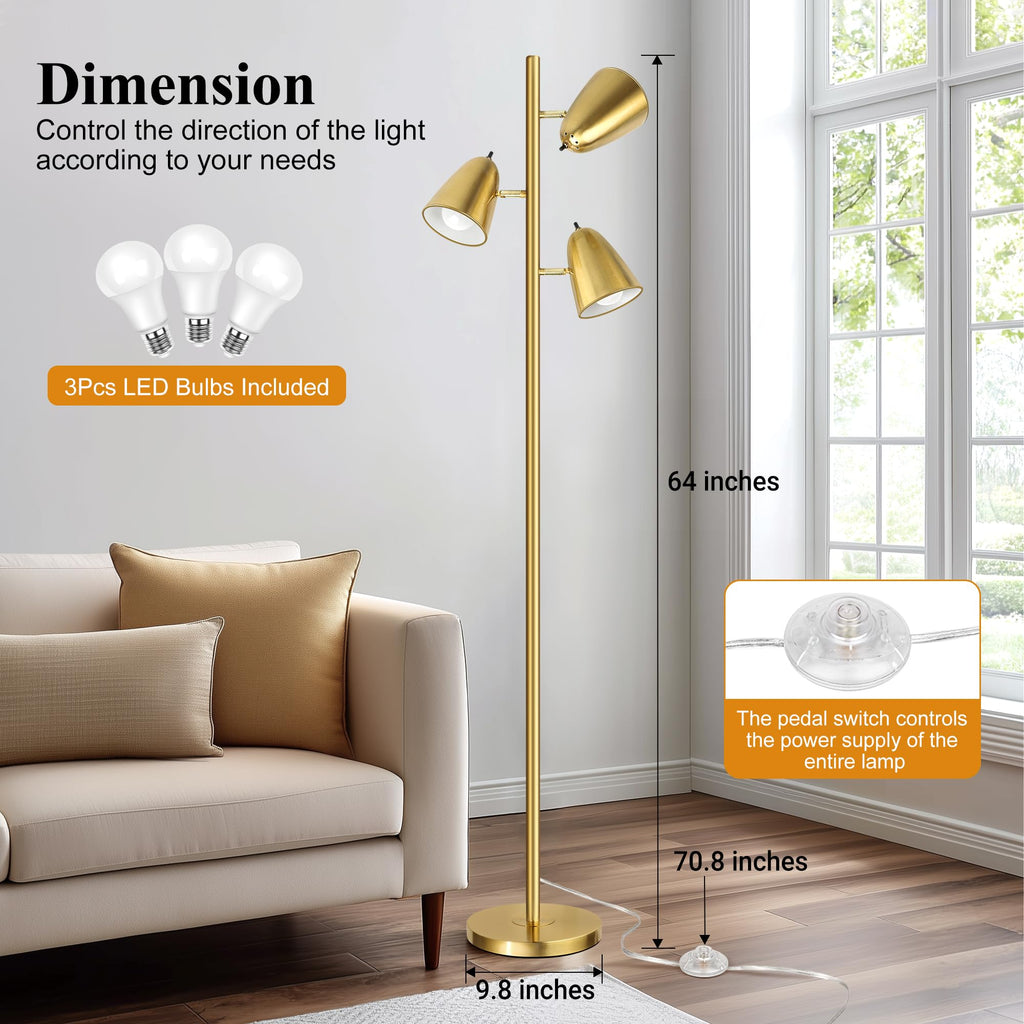 Brushed Gold Tree Floor Lamp with 3 Light Bulbs Standing Tall Pole Lamp 3 Adjustable Arms Retail $61.00