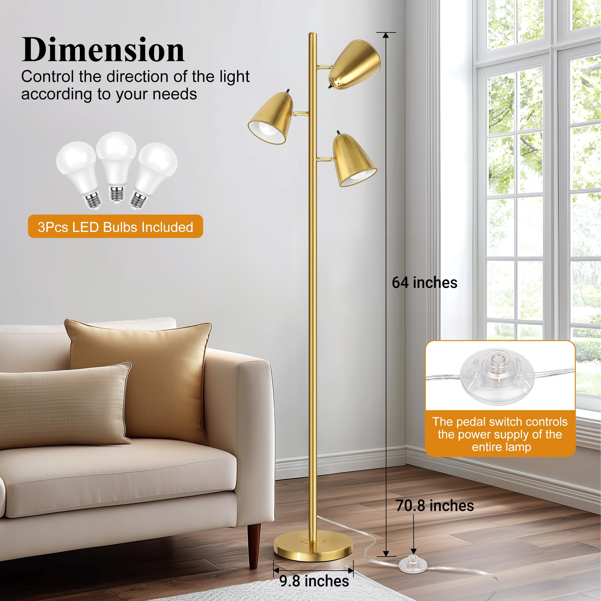 Brushed Gold Tree Floor Lamp with 3 Light Bulbs Standing Tall Pole Lamp 3 Adjustable Arms Retail $61.00