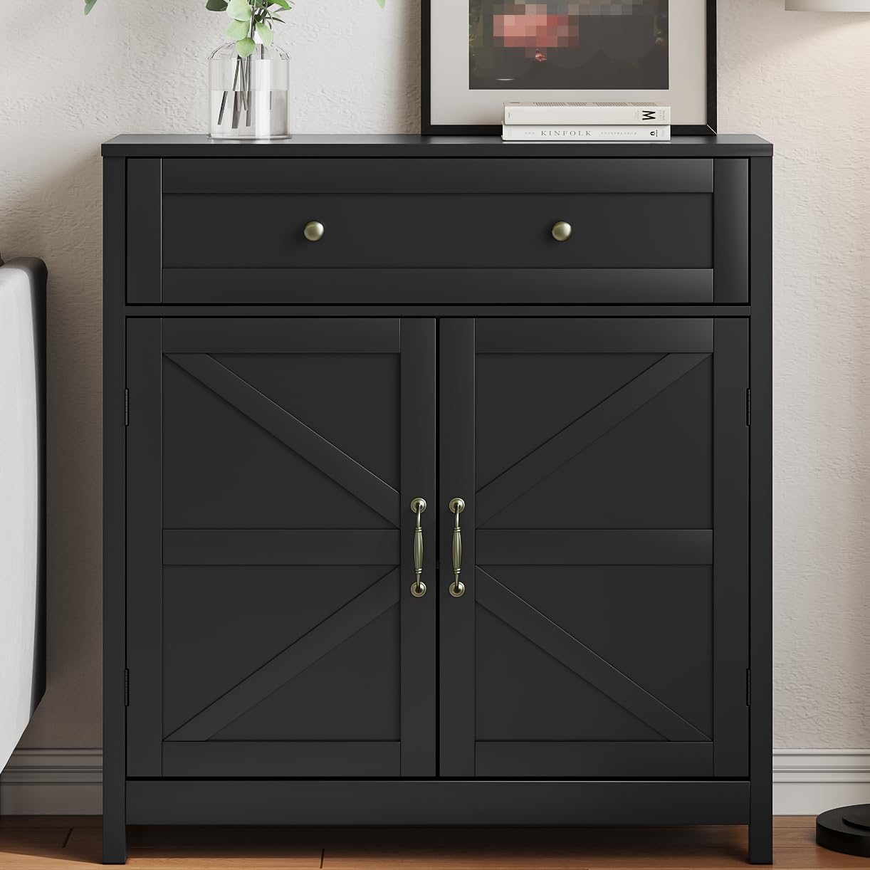 Black Farmhouse Buffet Sideboard Storage Cabinet with 2 Barn Doors
