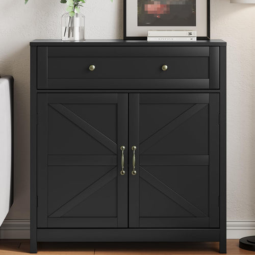Black Farmhouse Buffet Sideboard Storage Cabinet with 2 Barn Doors