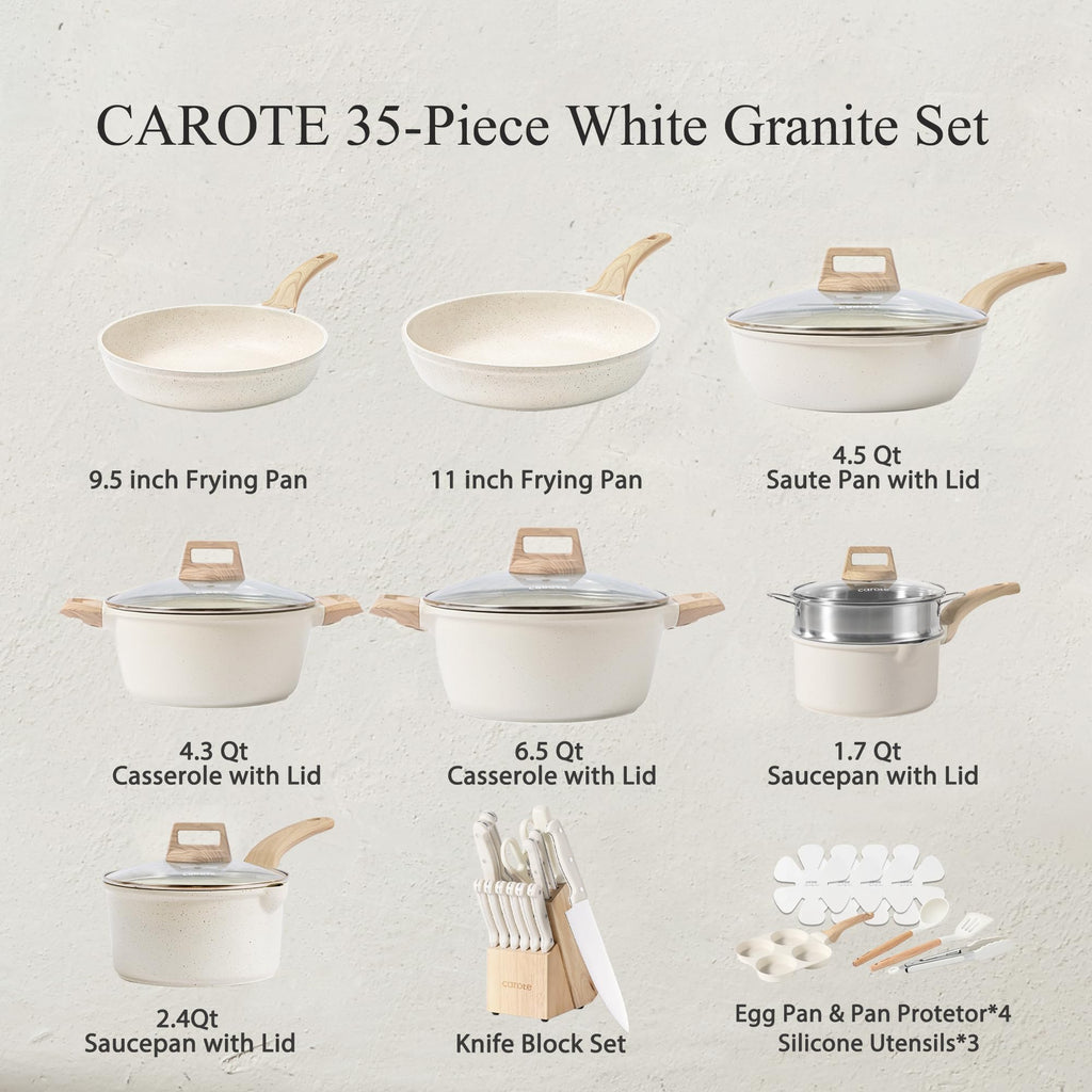 Nonstick Granite Induction Pots  Pans Cookware Set with Kitchen Knife Set Cream White