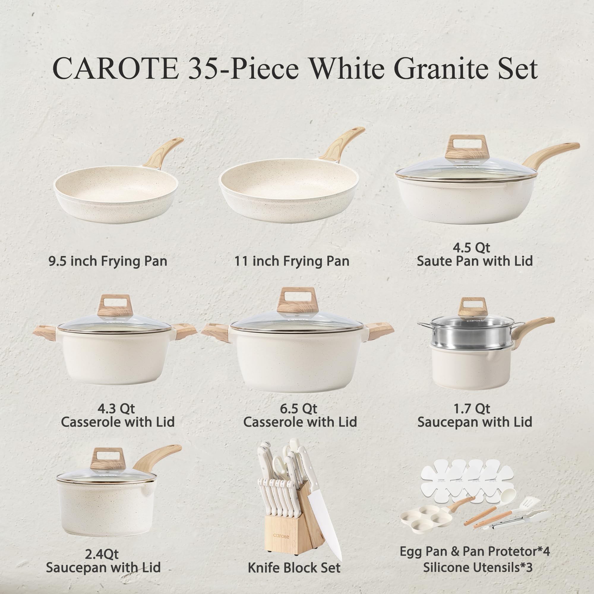 Nonstick Granite Induction Pots  Pans Cookware Set with Kitchen Knife Set Cream White