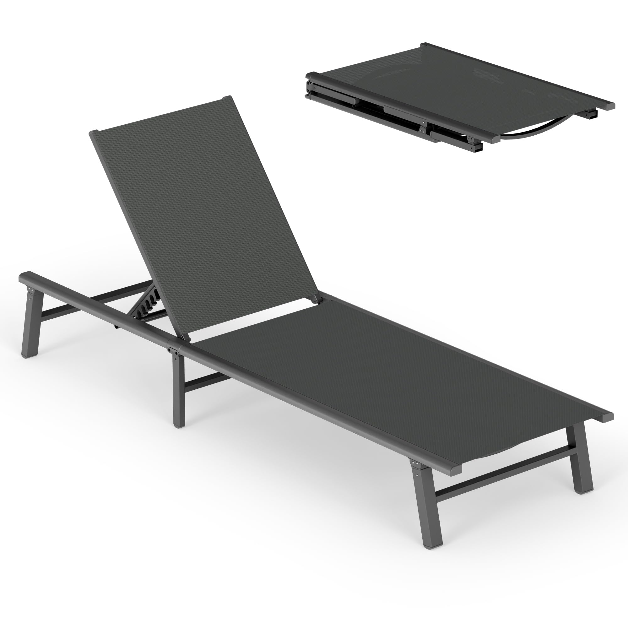Ciokea Foldable Outdoor Lounge Chair, No Assembly Patio Chaise Lounge Outdoor with 5-Positions, Aluminum Pool Lounge Chair with Portable Design for Pool, Beach, Deck, Backyard, Grey