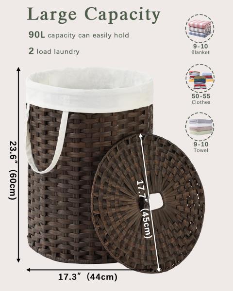 SETVSON Laundry Hamper with Lid 23.8 Gal (90 L) PE Rattan, Brown Retail $66.00