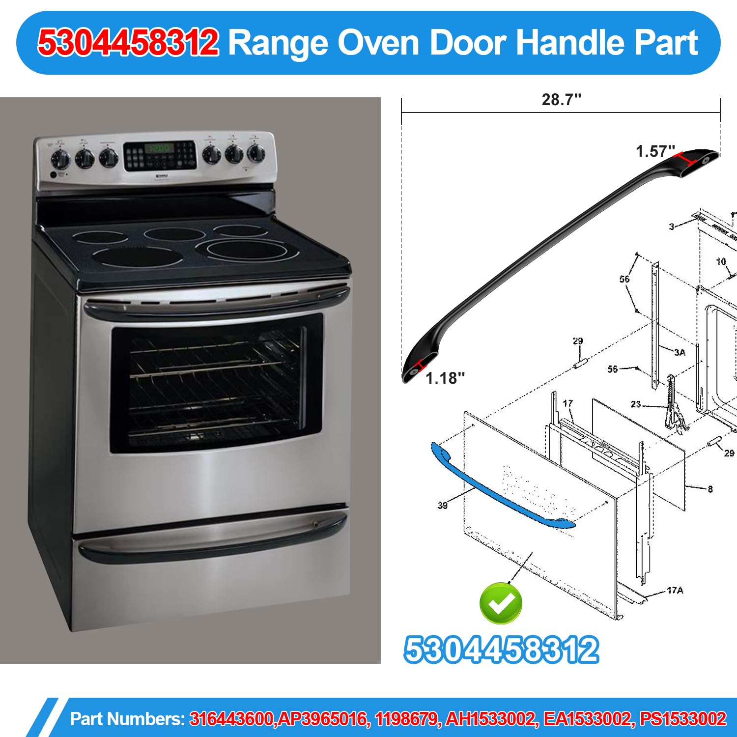 Black Oven Door Handle Replacement for Kenmore Electrolux Frigidaire 5304458312