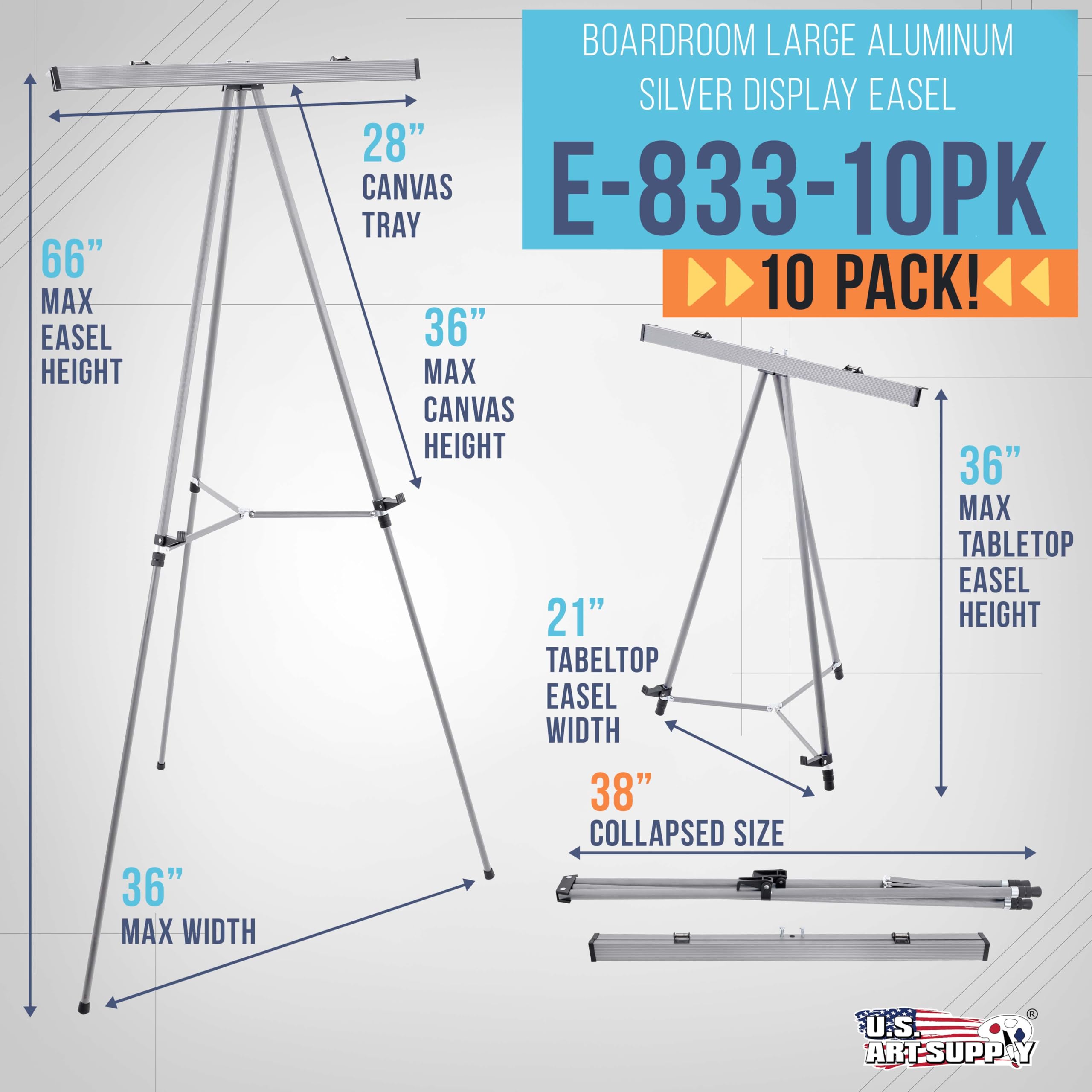 -Pack 66 High Silver Aluminum Flip Chart Easel  Presentation Stand - Adjustable Tripod