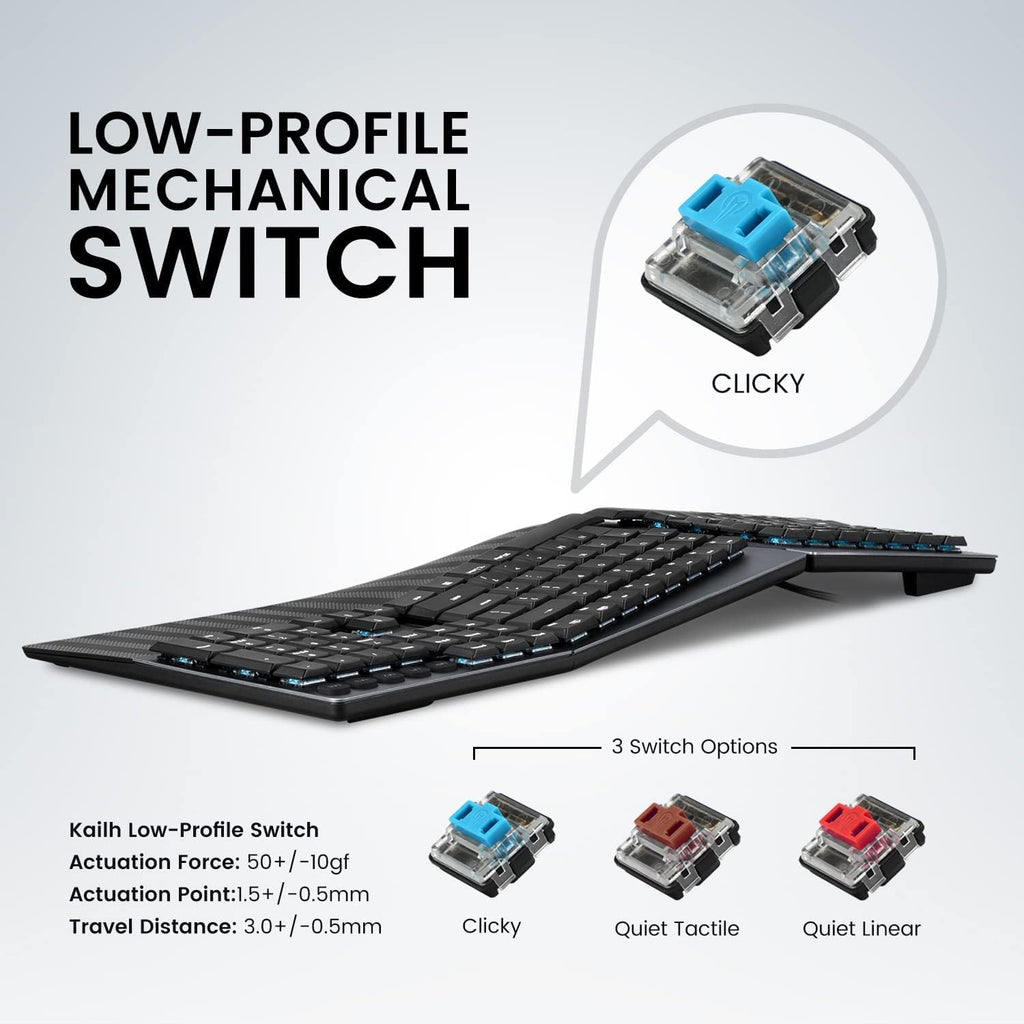 Perixx PERIBOARD-535BL Wired Ergonomic Mechanical Full-Size Keyboard - Low-Profile Blue Clicky Switches Programmable Feature with Macro Keys Compatible Windows and Mac OS X US English, Black Retail $89.00