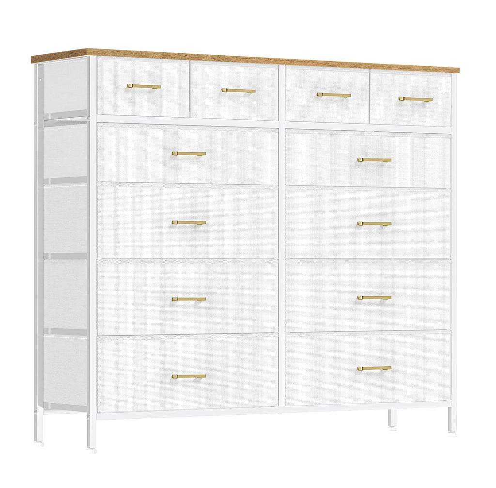 White Tall Fabric Dresser with 12 Deep Drawers  Retro Wood Top