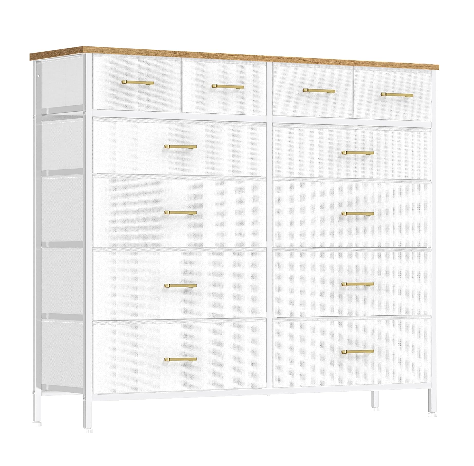 White Tall Fabric Dresser with 12 Deep Drawers  Retro Wood Top