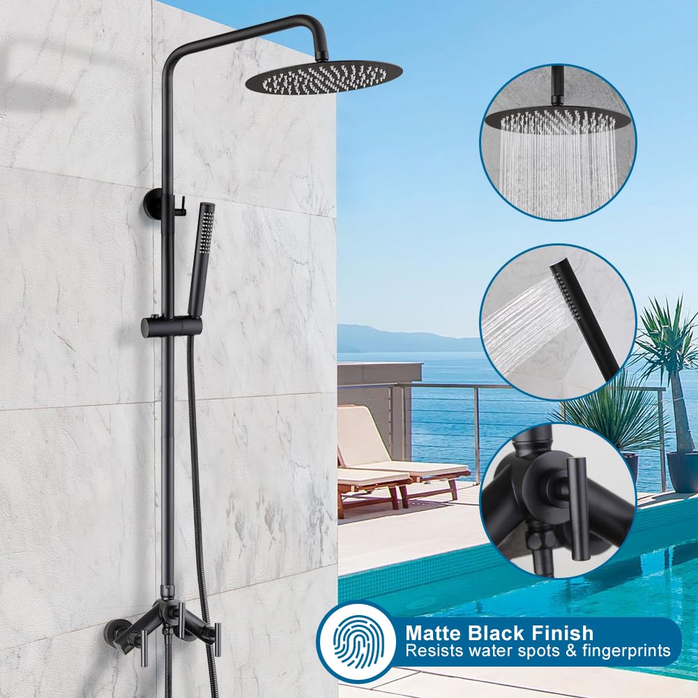 Matte Black Outdoor Shower Kit 2 Handle Wall Mounted w 8 Head  Handheld Spray