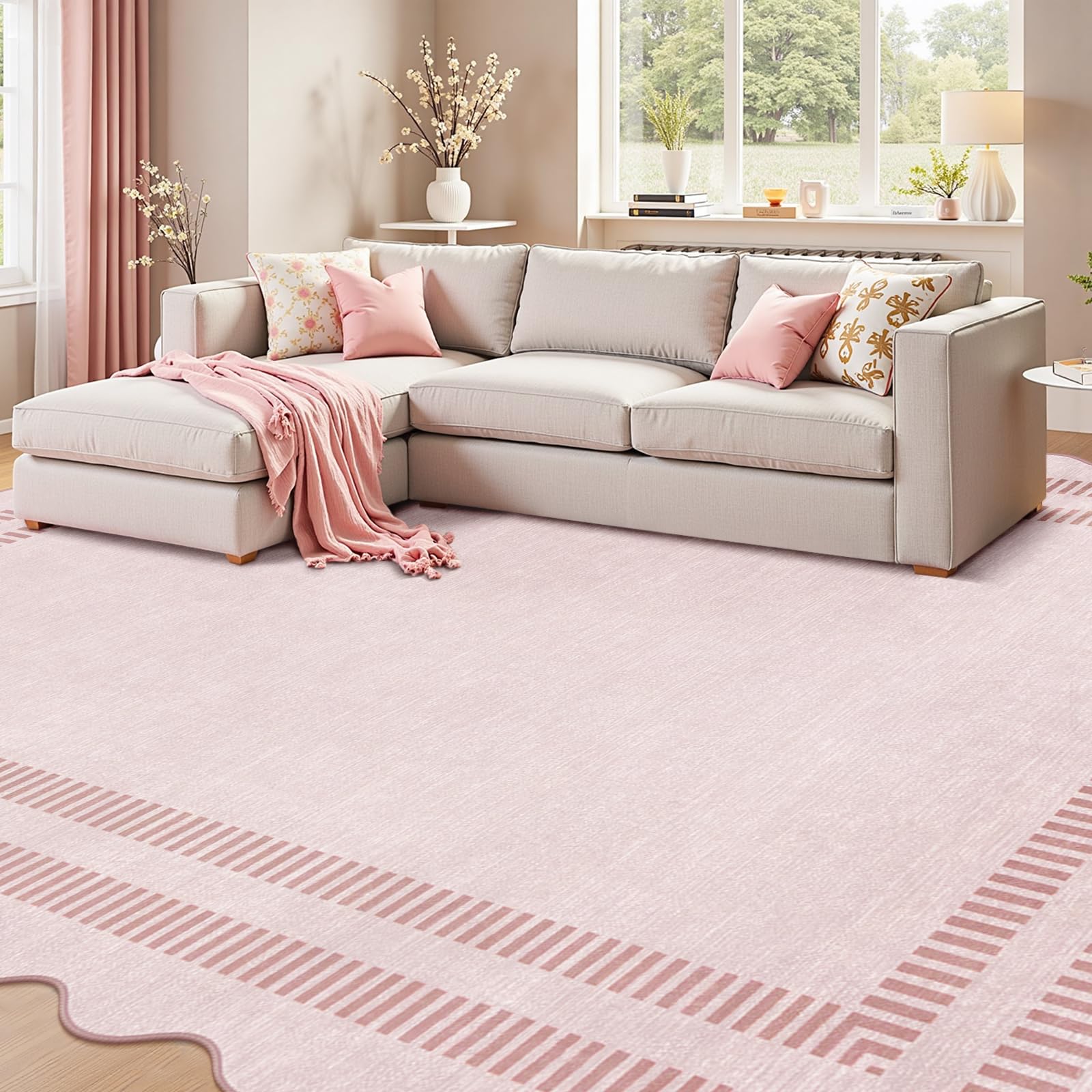 Pink 8x10 Machine Washable Non-Slip Low-Pile Area Rug with Scalloped Design
