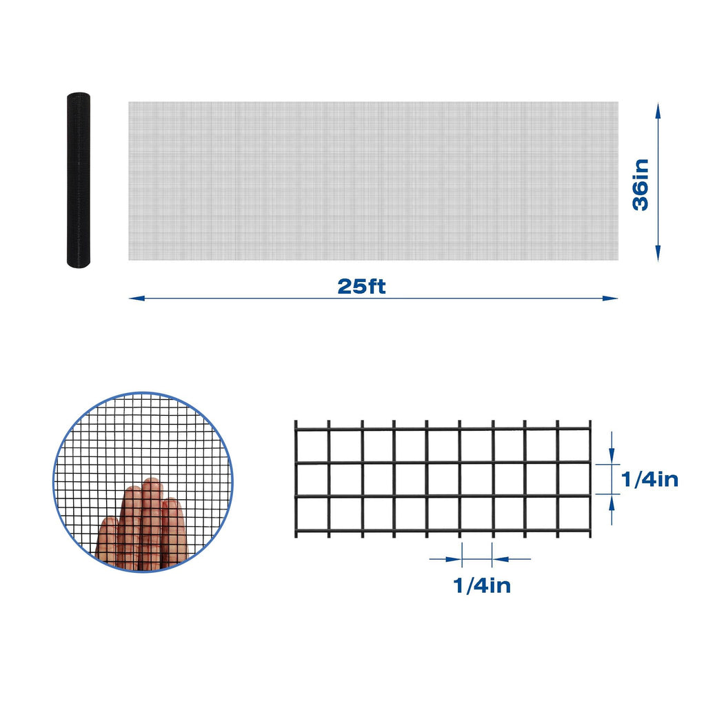 Black PVC Coated Hardware Cloth 36 x 25 - 14 Mesh 20 Gauge