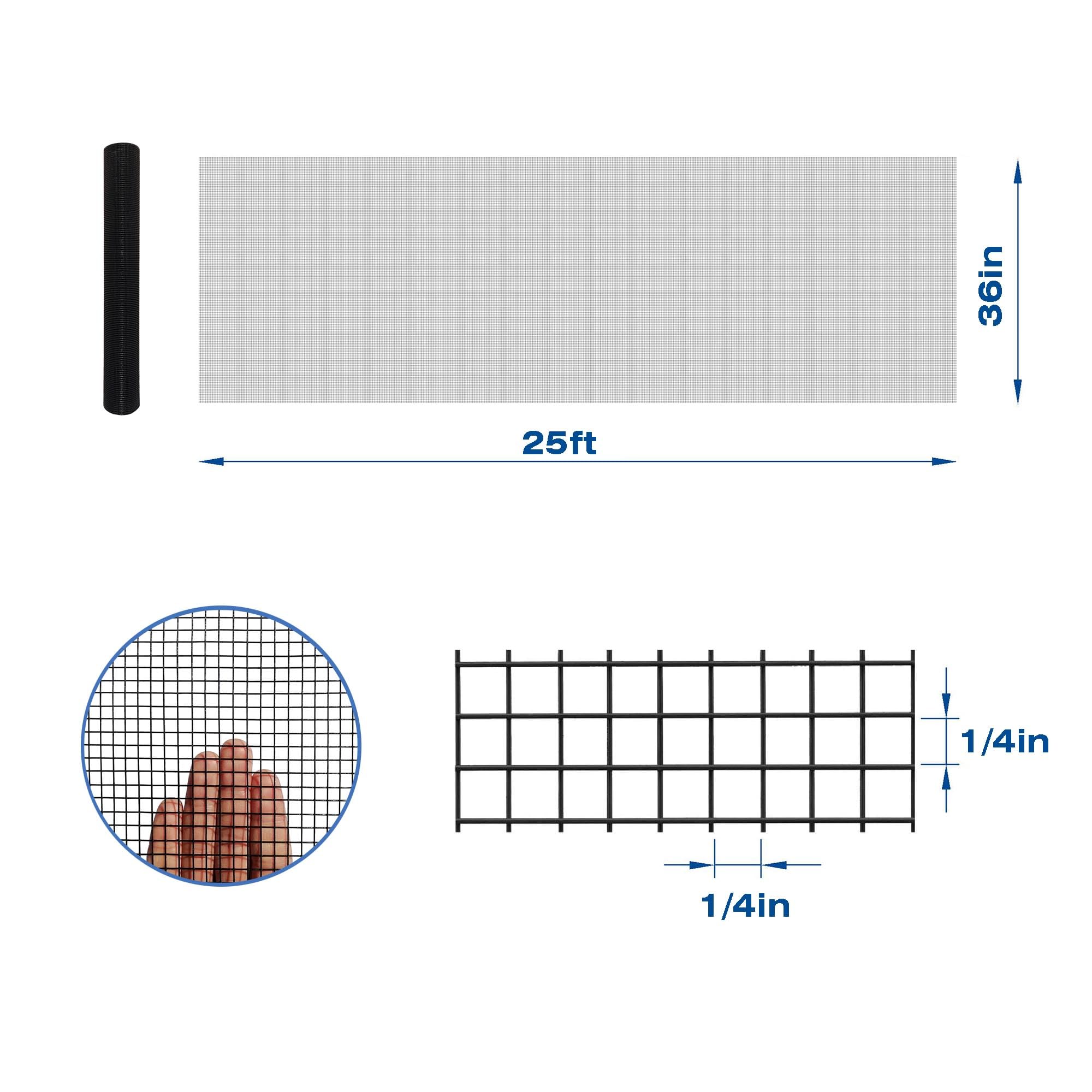 Black PVC Coated Hardware Cloth 36 x 25 - 14 Mesh 20 Gauge