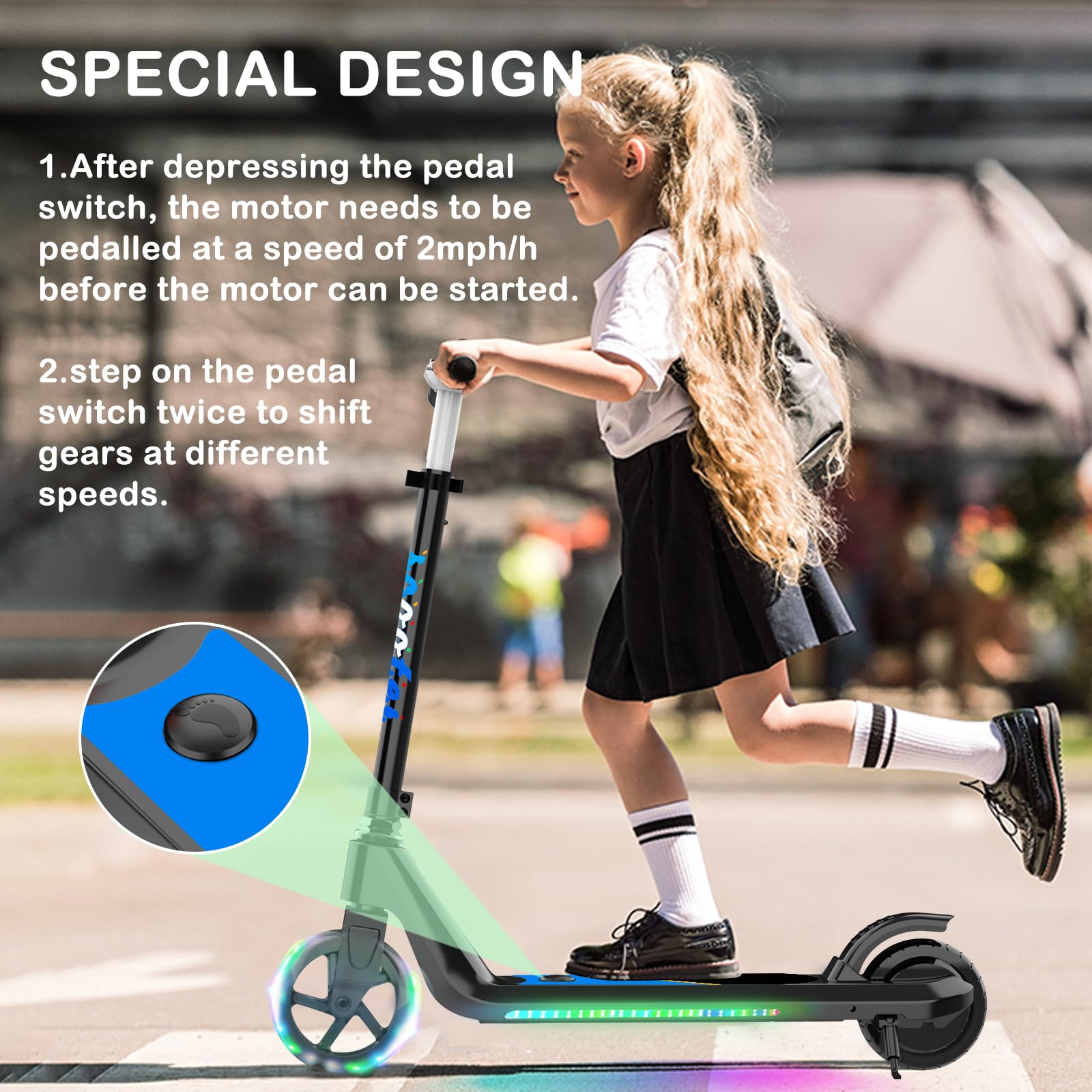 New LINGTENG Kids Electric Scooter with Kick-Start Adjustable SpeedHeight Flash Wheel  Deck Lights. Retail $159.00