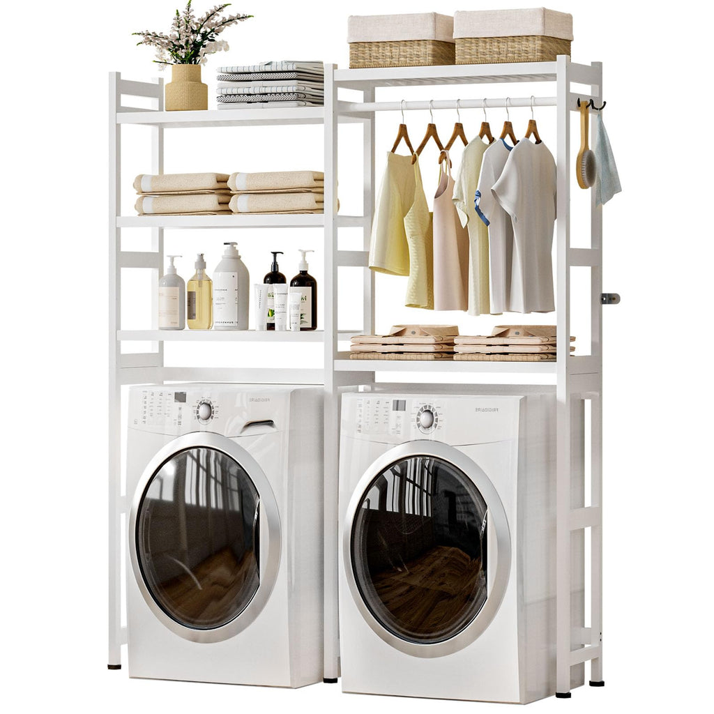 White Bamboo 5-Tier Over Washer Dryer Storage Shelf w Adjustable Shelves  Hooks