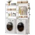 White Bamboo 5-Tier Over Washer Dryer Storage Shelf w Adjustable Shelves  Hooks