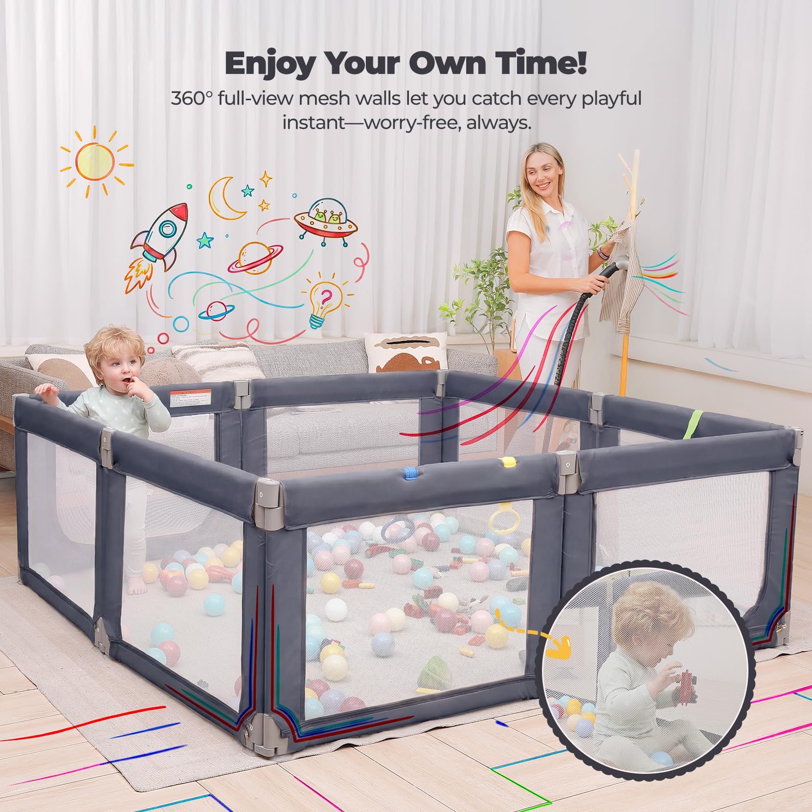 Extra Large Foldable Baby Playpen BP180 71x69 Grey