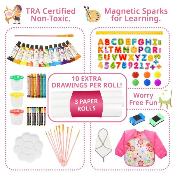 Adjustable Kids Art Easel with 3 Paper Rolls Magnetic Whiteboard and Chalkboard Pink