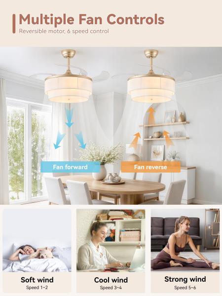 YMKSKJ 42" Retractable Fandelier Ceiling Fan with Light, Boho Chandelier Ceiling Fan with Remote, 6 Speeds Reversible for Bedroom Living Room (Gold) Retail $168.00