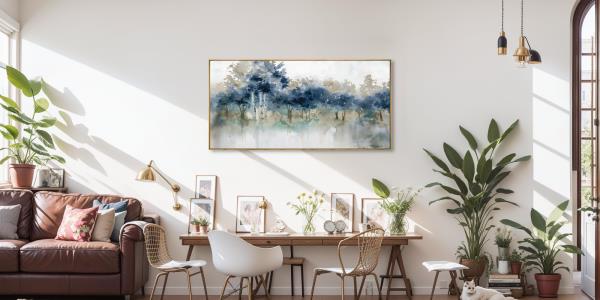 Modern Landscape Canvas Wall Art Ink Tree Painting 24x48 Framed