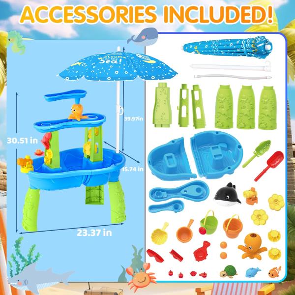 Water Table with Umbrella for Toddlers 3-5 3-Tier 30.51 x 23.37 x 15.74 Blue  Green