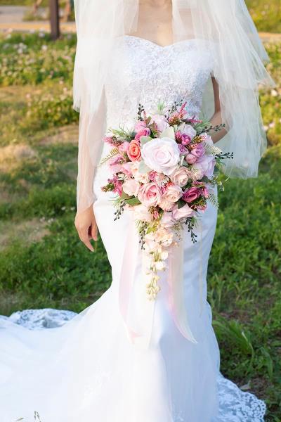 12 Inch Cascade Wedding Bouquet for Bride Fuchsia  Pink Silk Artificial Flowers
