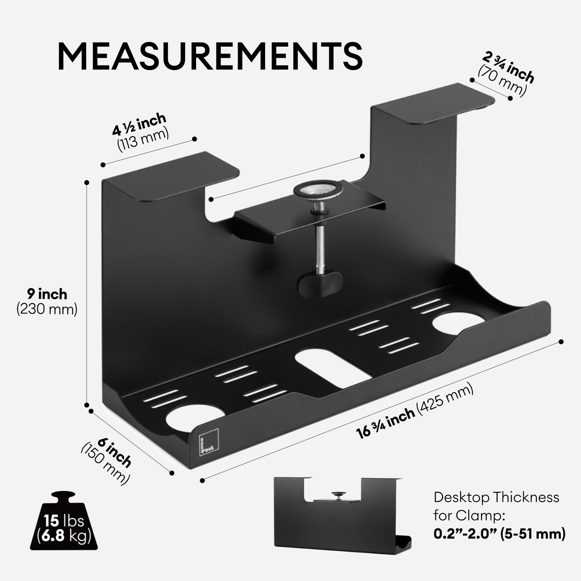 Under Desk Clamp-On Steel Cable Management Tray 17x9 inch Black
