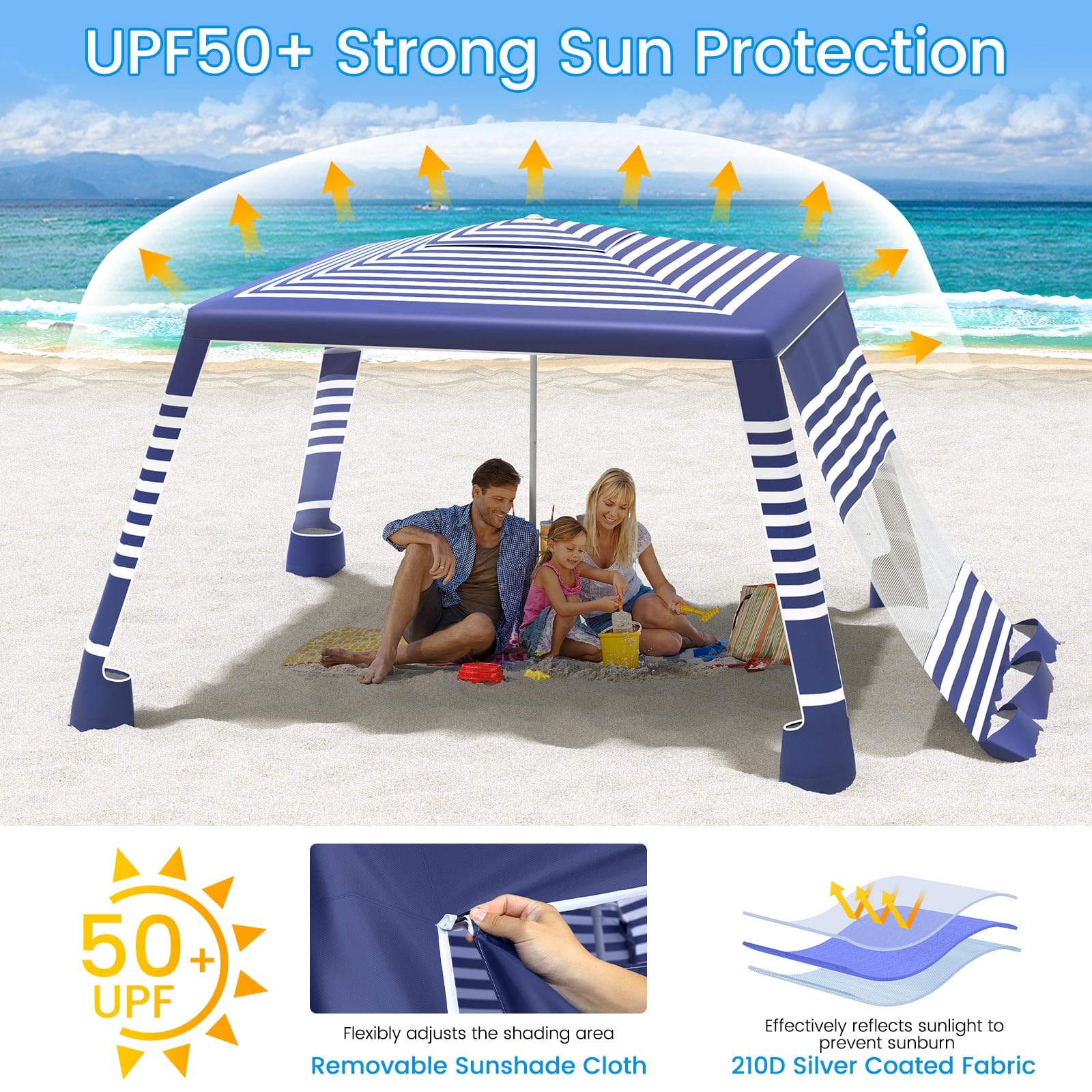 MoKo Beach Cabana, 8'×8' Large Beach Canopy with Side Wall, UPF 50+ Protection Easy Setup Beach Tent Sun Shelter, Adjustable Height Wind Resistant Cabana Beach Tent for Whole Family, Navy Stripes Retail $95.00