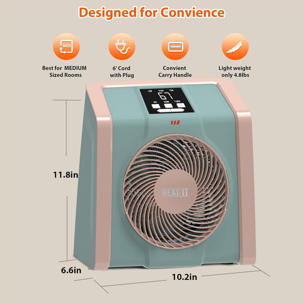 Quiet Electric Space Heater with Digital Thermostat 750W1500W 3D Air Circulation Cyan