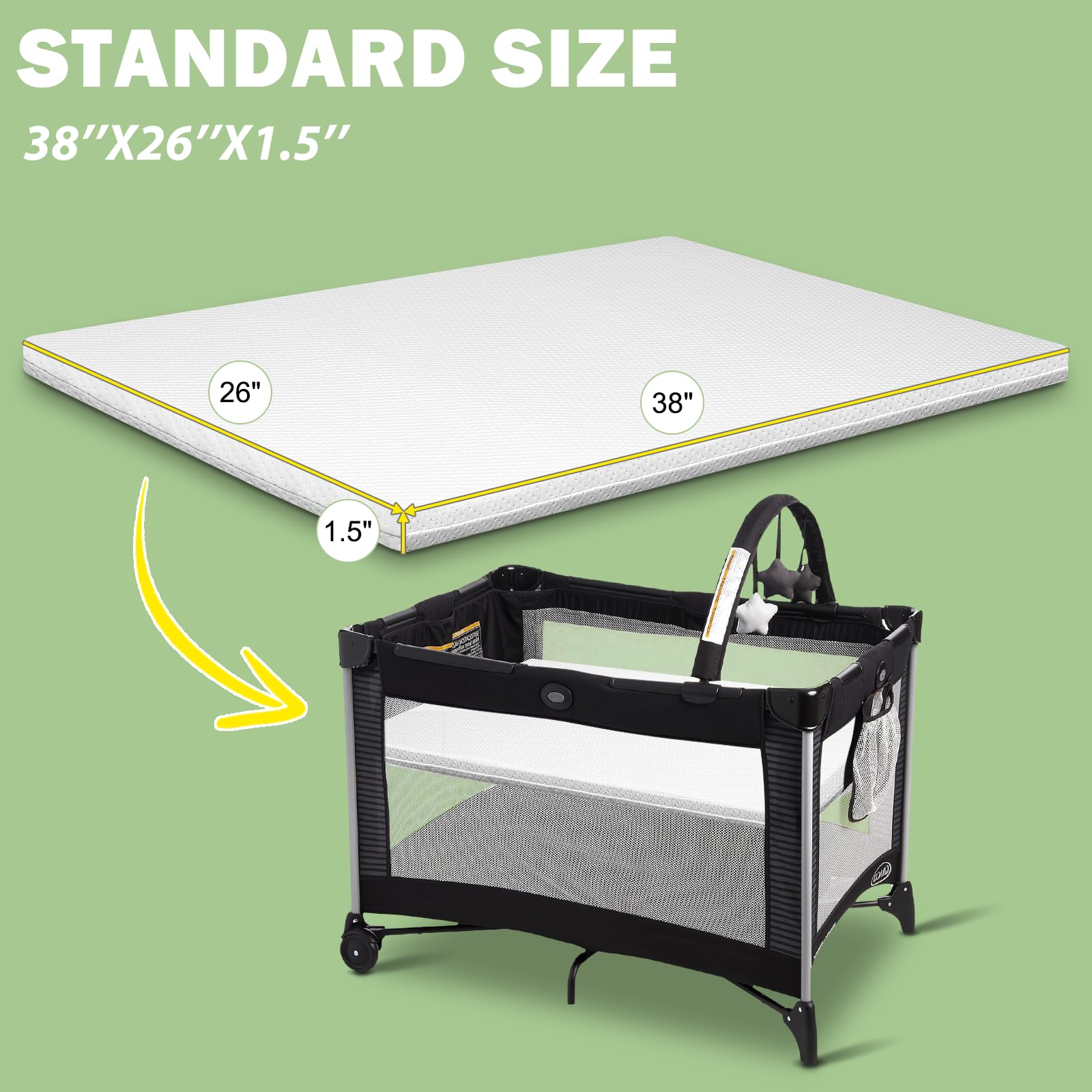 Portable Crib Mattress Pad for Pack N Play 38x26x1.25 White Waterproof Washable