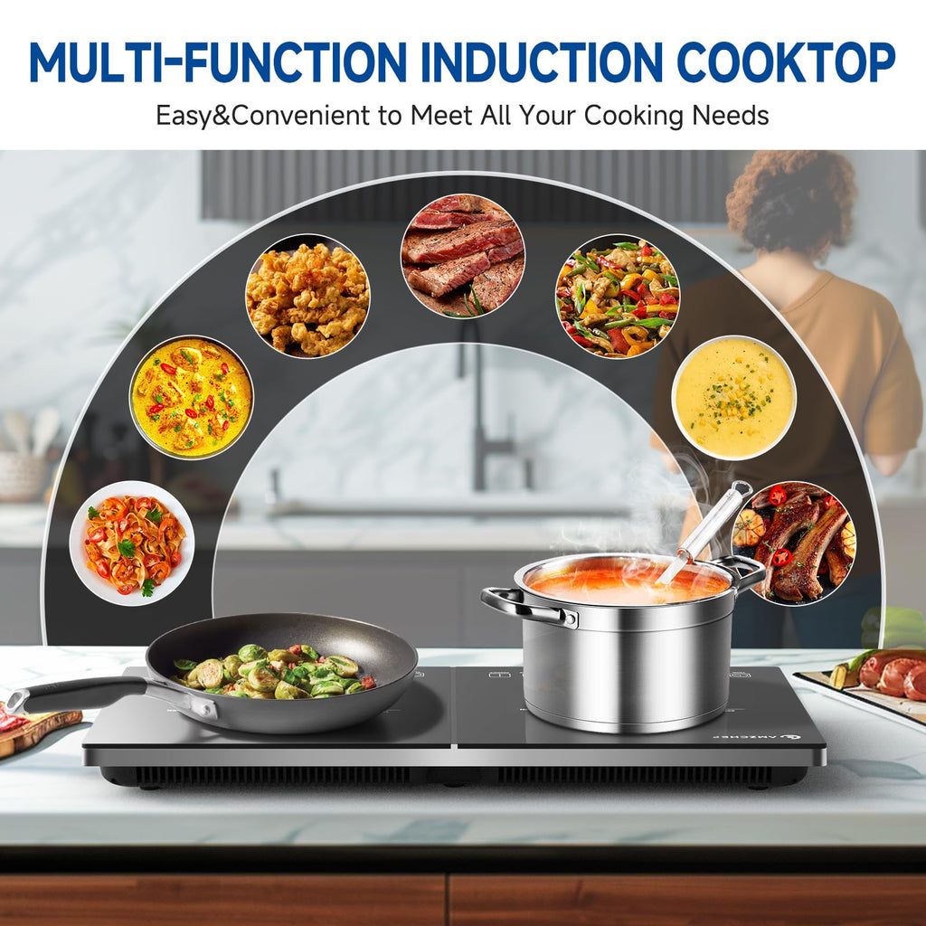 Silver  Black Glass Double Induction 2 Burner 1800W Electric Cooktop
