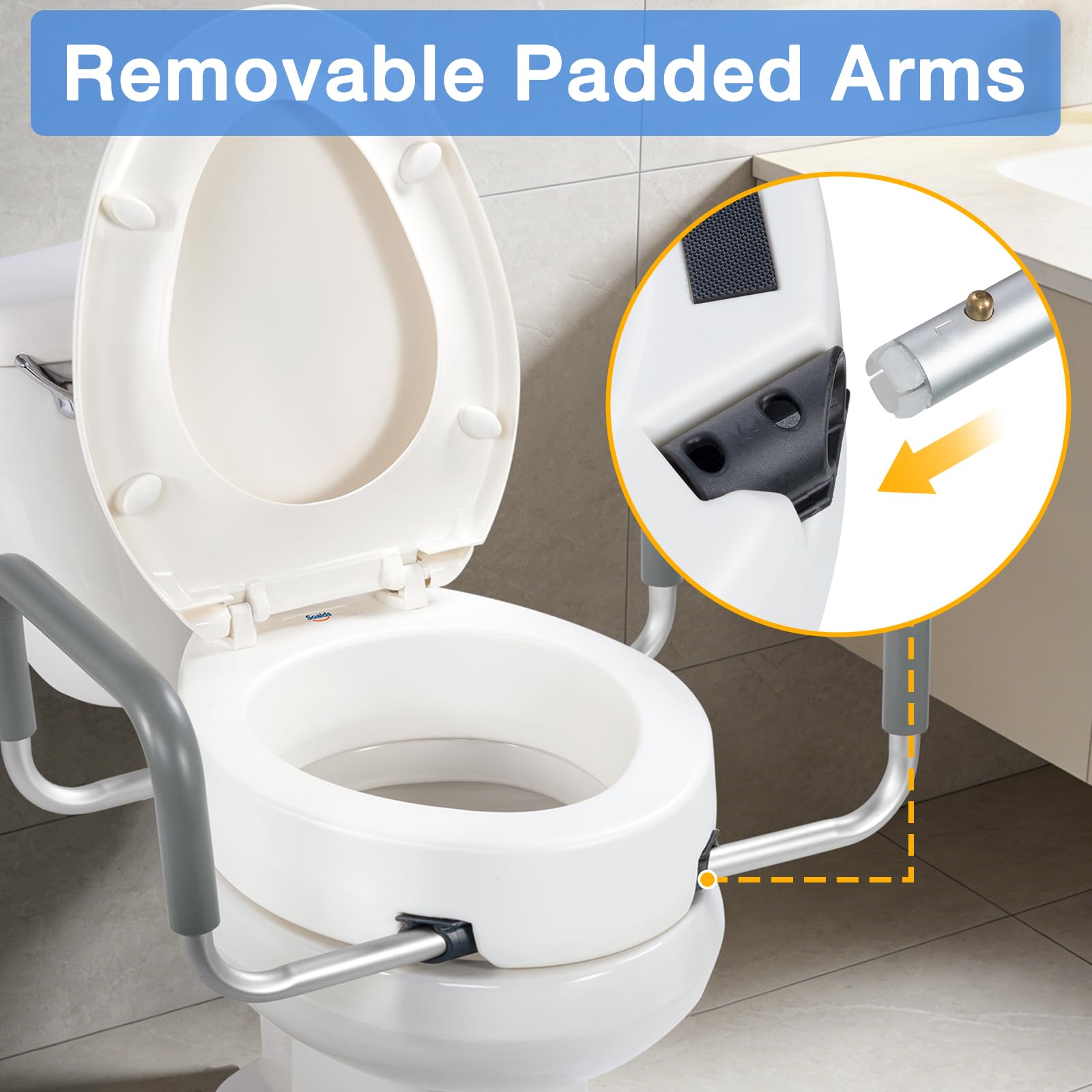 White 3.5 Inch Elongated Raised Toilet Seat with Removable Padded Handles 300 lbs Capacity