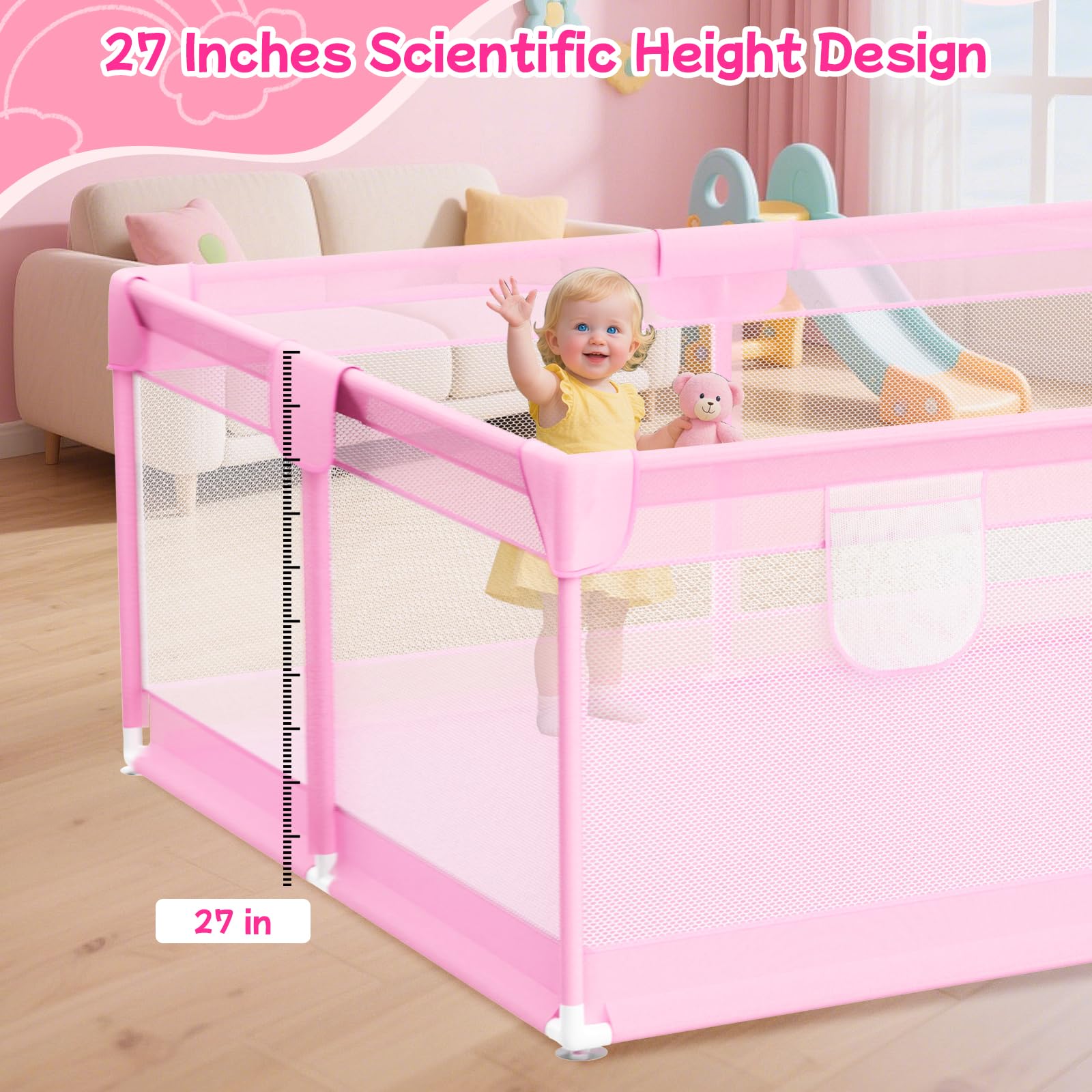 Abdtech Large Baby Playpen 74"x50" - Play Pens for Babies and Toddlers with 2 Handle - Safety Baby Fence Play Area with Breathable Mesh for Indoor & Outdoor, Pink Retail $103.00