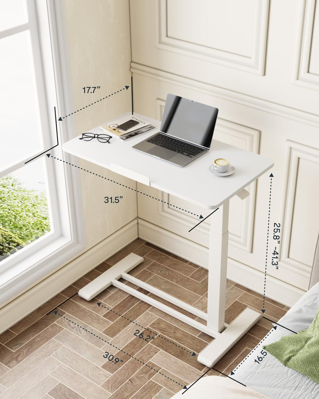White Mobile Standing Desk Adjustable Overbed Table with Wheels 31.5 W x 17.7 D