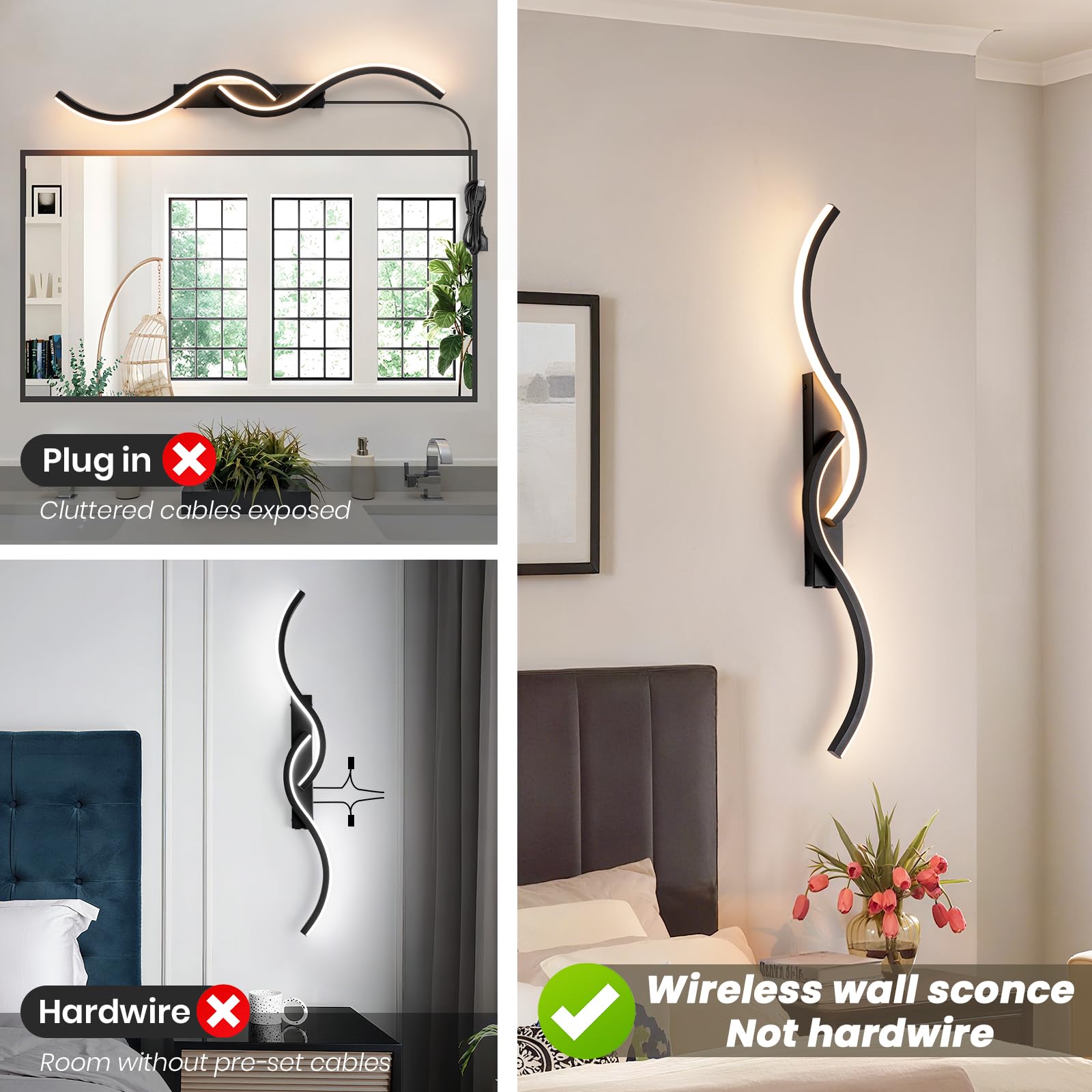 Modern Wireless Rechargeable LED Dimmable Wall Sconce with Remote - Black