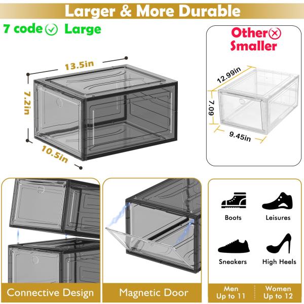 Sturdy Clear Shoe Organizer with Magnetic Door 6-Pack Stackable Storage Box 13.5 x 10.5 x 7.2