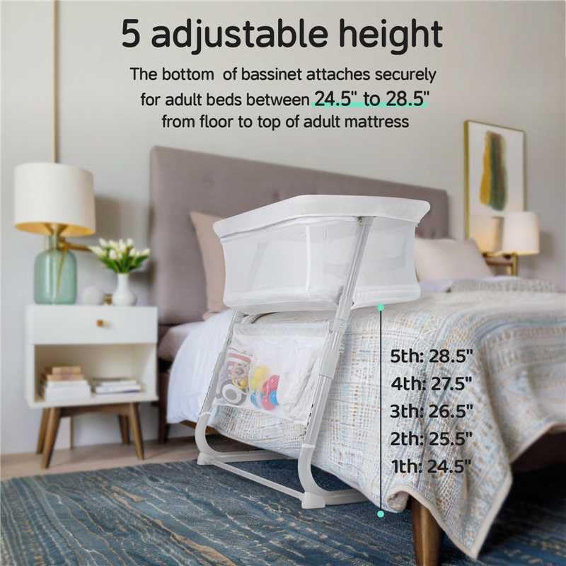 Baby Bedside Bassinet 5-Level Adjustable Height - White