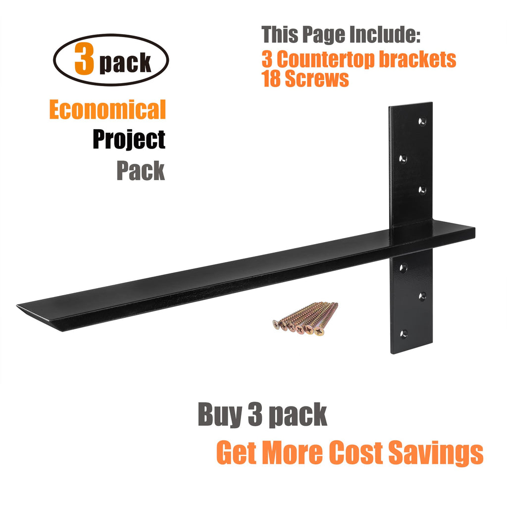 Black Heavy Duty Steel Hidden Countertop Shelf Brackets 3-Pack 16 Inch