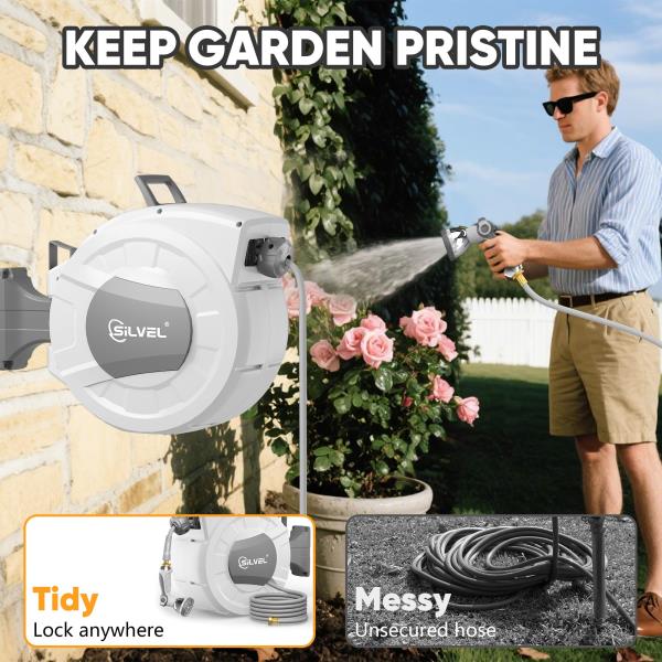 Retractable Garden Hose Reel 12 in x 100ft Wall Mount with 10 Pattern Nozzle and Swivel Bracket