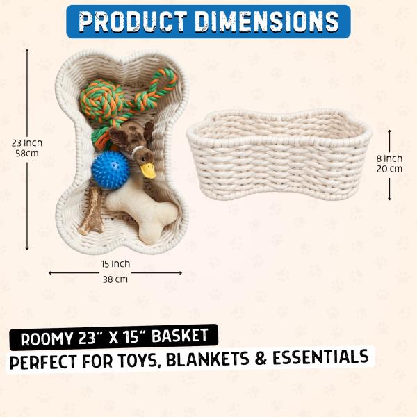 OtterPets Dog Toy Basket, Bone Shaped Cotton Rope Dog Toy Bin, Large 23x15"