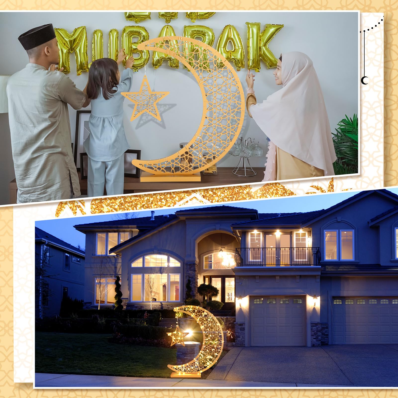 Ramadan Eid Crescent Star Wooden Light Decoration 20x17 Inches