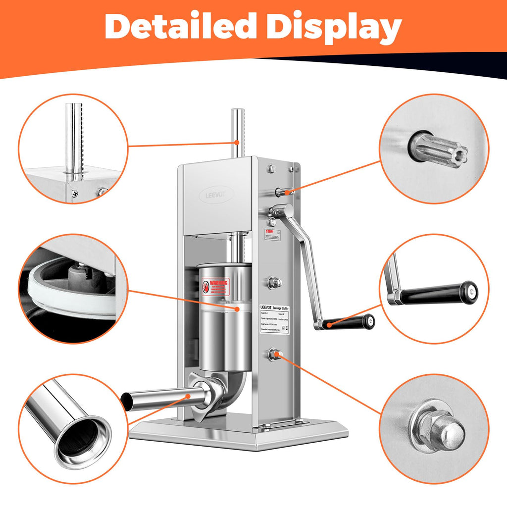 Open-Box New LEEVOT 7LBS3L Manual Sausage Stuffer - Stainless Steel 2-Speed 5 Tubes Retail $109.00